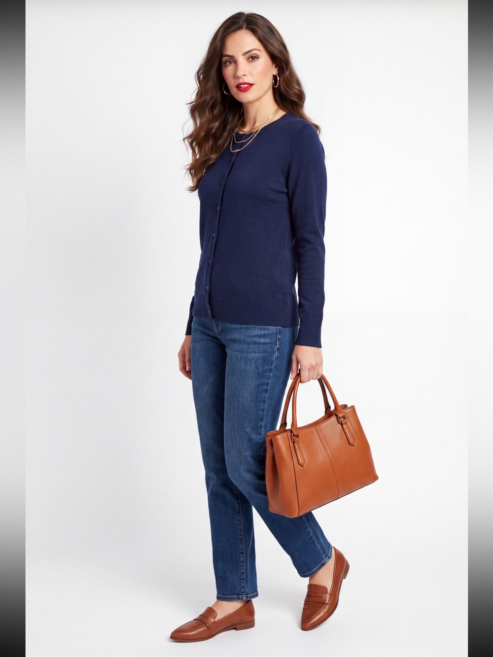 Vila Milano Women's Navy Blue Button-Front Crewneck Cardigan